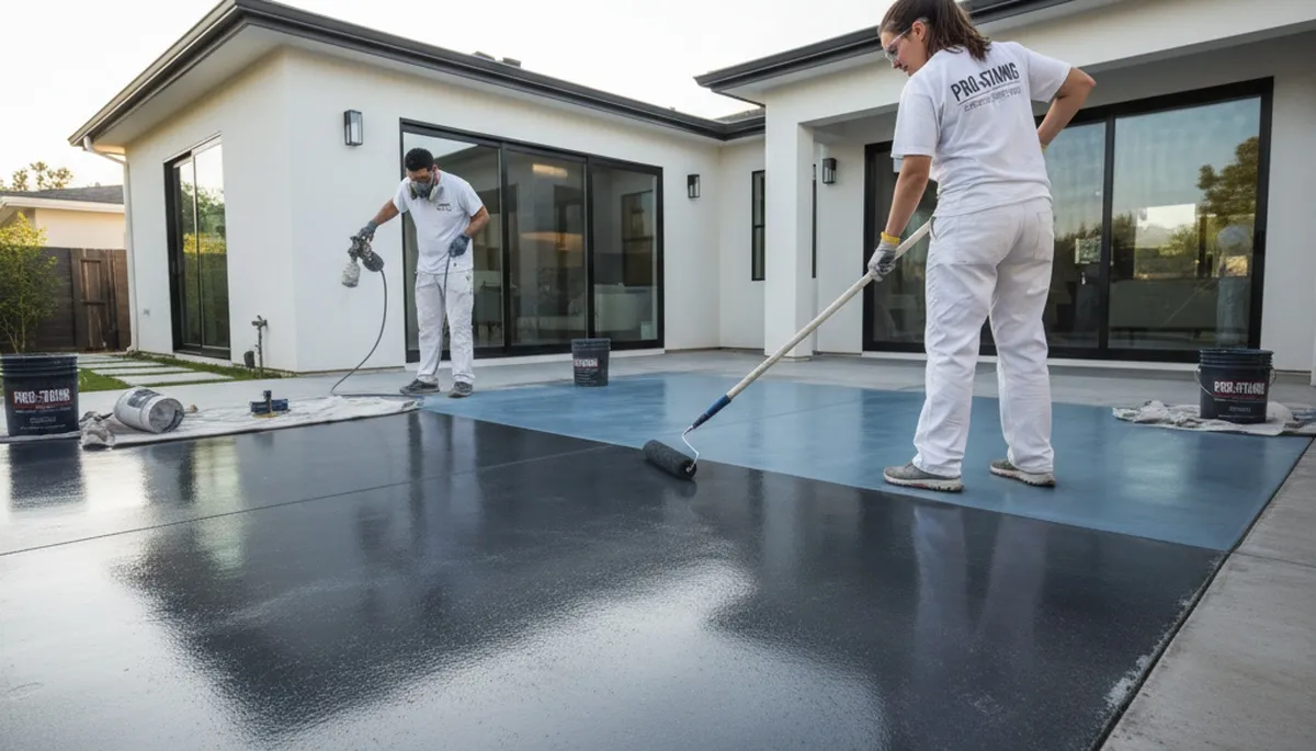 Professional concrete staining on garage floor in Royal Oak, MI by local house-painting experts