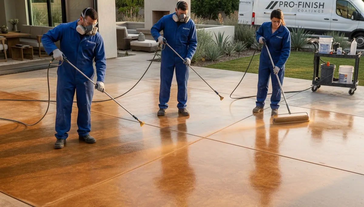 Professional concrete staining on residential garage floor in Royal Oak, MI by expert painters