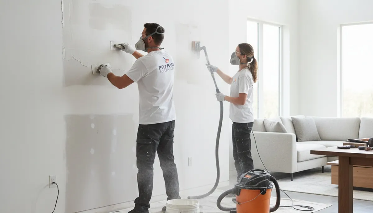 Technician performing drywall repair and wall painting in a Royal Oak, MI home interior
