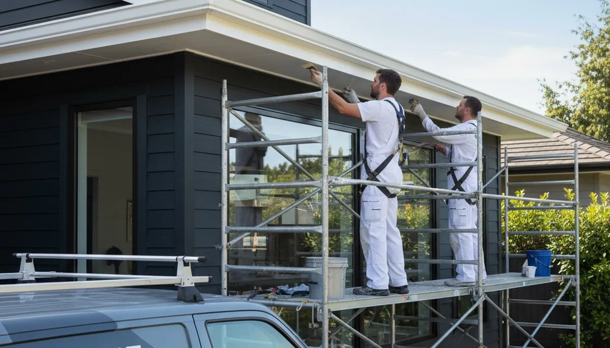 Professional gutter painting on a Royal Oak MI home exterior by expert local house painters