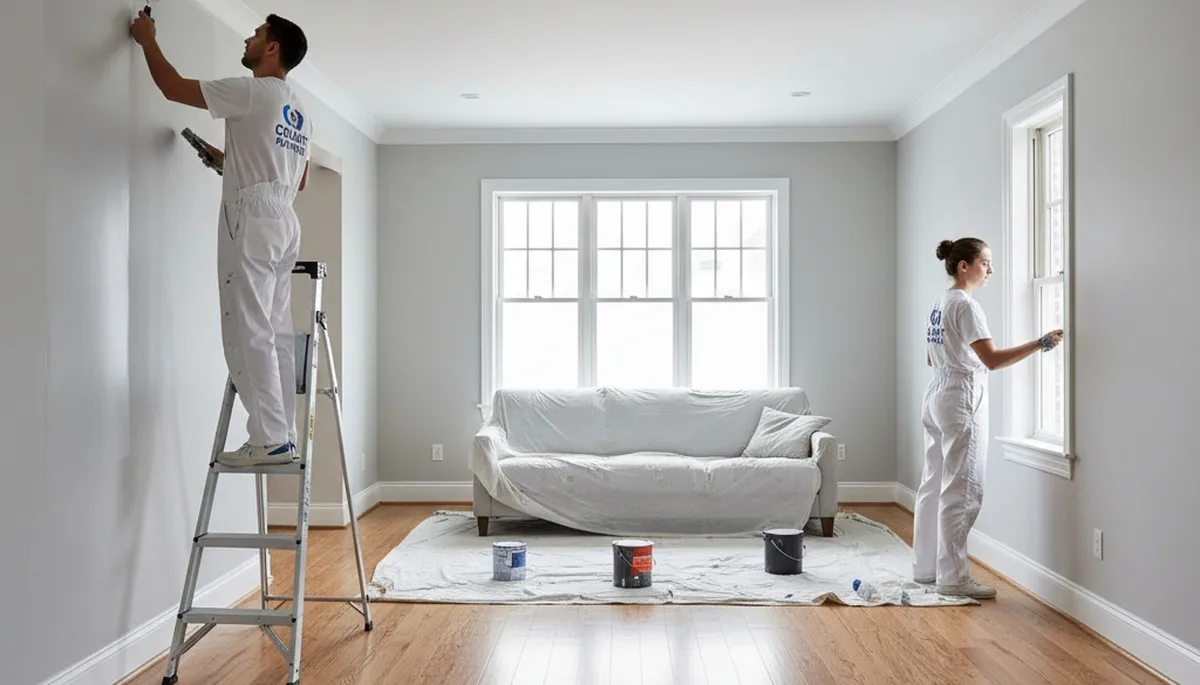 Professional interior house painters working in a Royal Oak, MI living room with fresh wall color